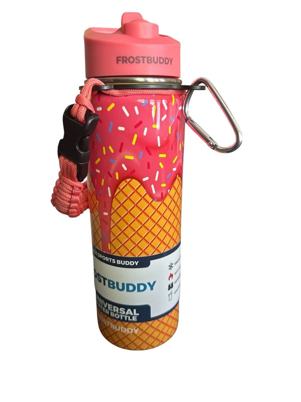 FrostBuddy Pink Ice Cream Print Water Bottle 24 oz paracord handle